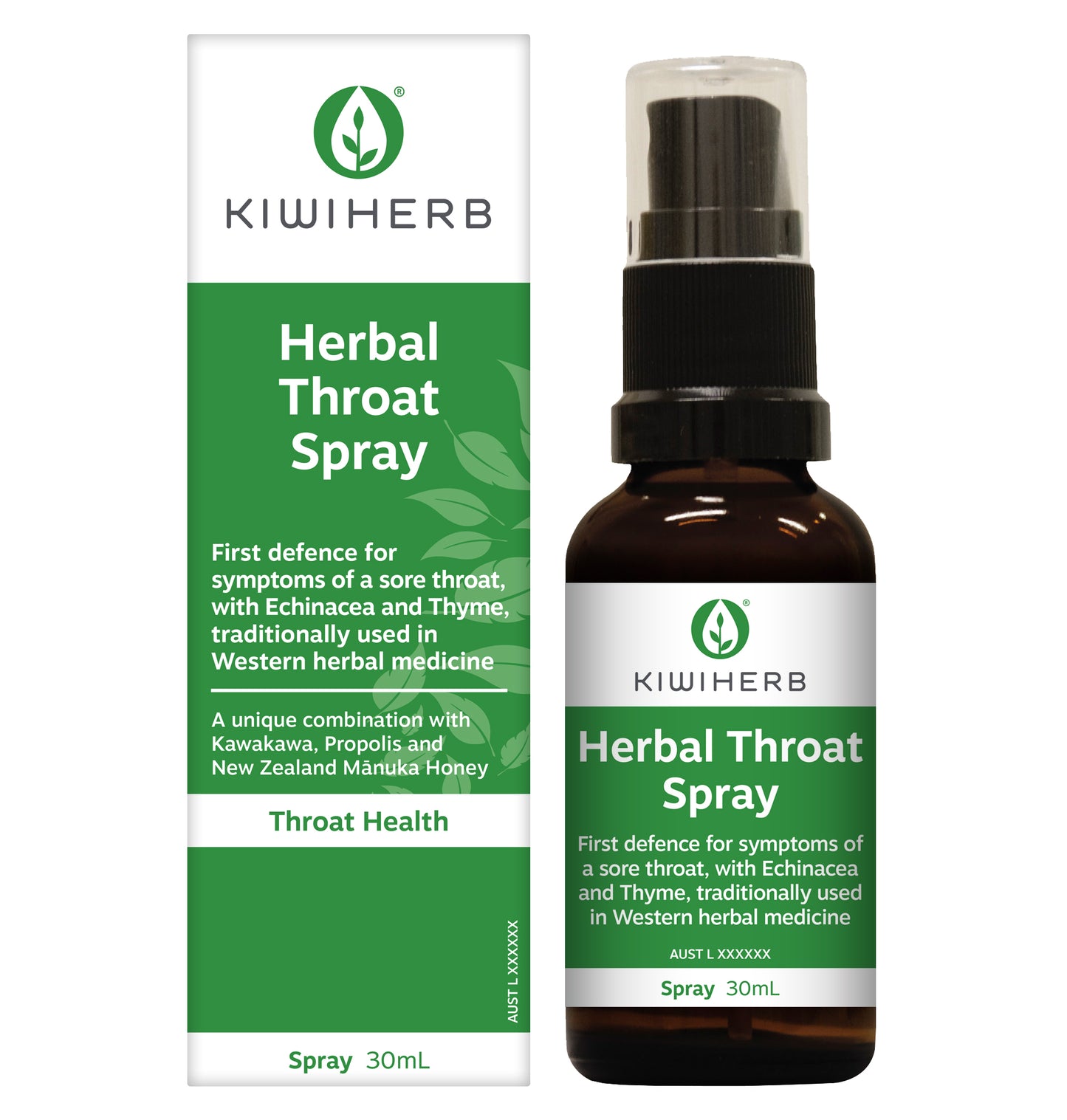 Herbal Throat Spray bottle with green packaging on a white background.