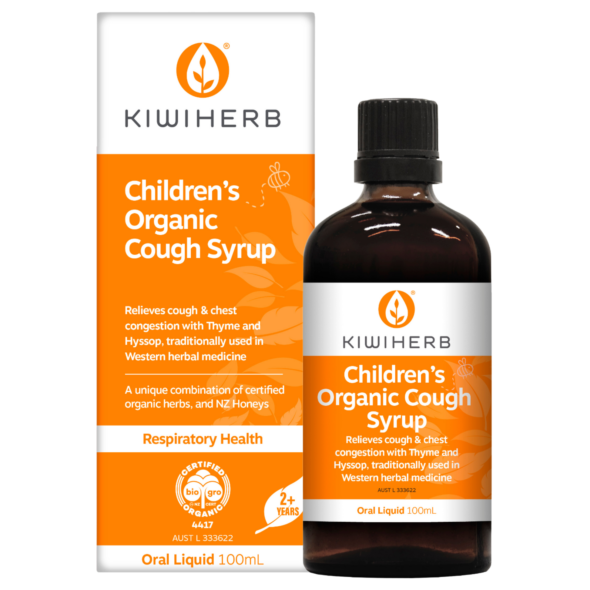 Children's Organic Cough Syrup with orange packaging on a white background.