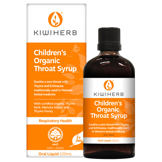 Children's Organic Throat Syrup with orange packaging on a white background.