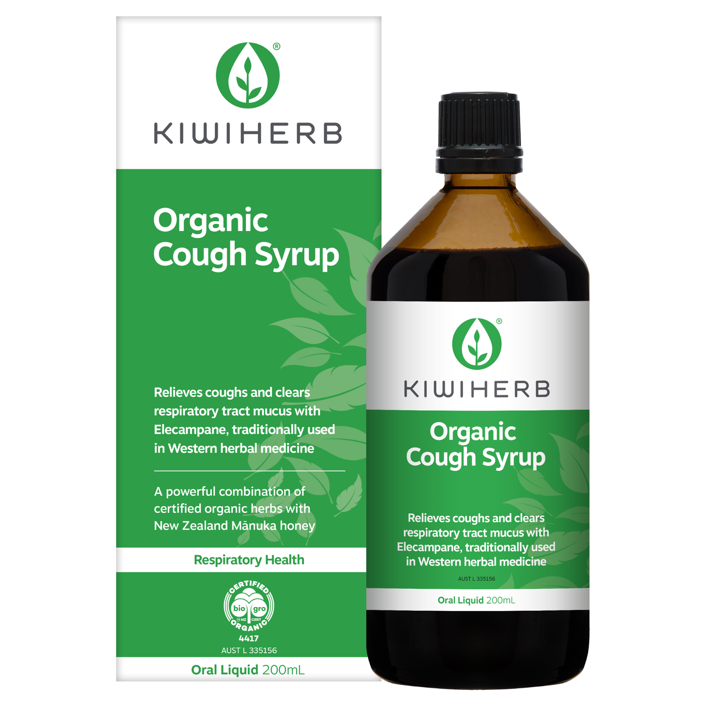 Organic Cough Syrup with green packaging on a white background.