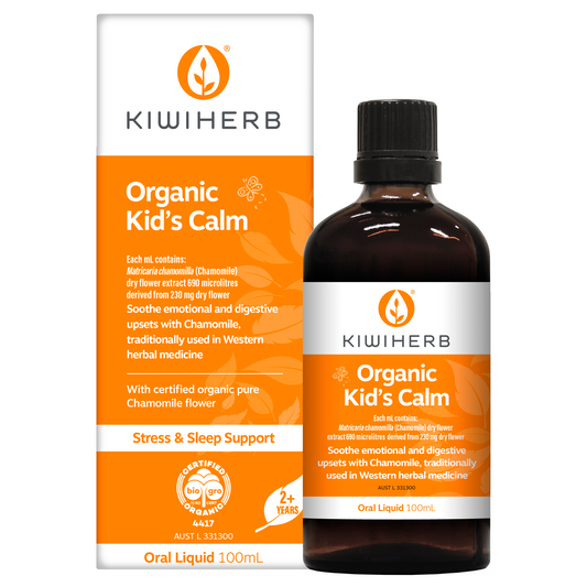 Organic Kid's Calm with orange packaging on a white background.